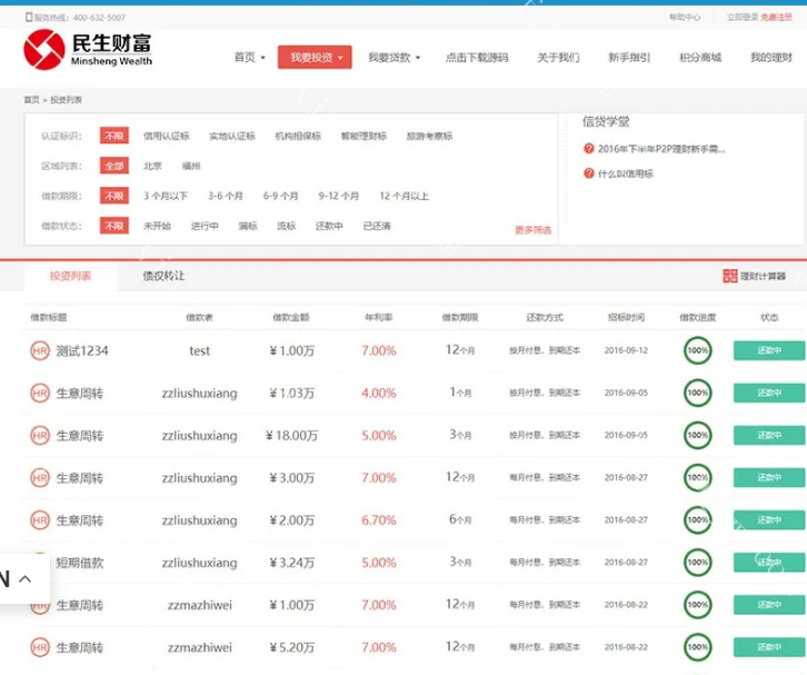 民生财富专业P2P网络贷款借贷系统投资理财平台网站源码